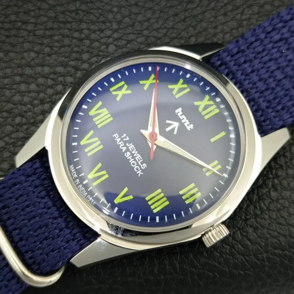 Vintage 1985 HMT Manual Wound Mens Silver Watch & Green accents